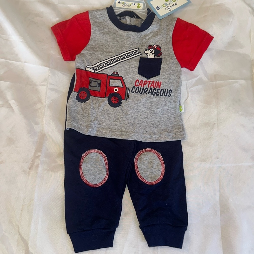 3-6 Month Duck Duck Goose Outfit Sweatpants and One Piece Dog Fire Truck Fireman